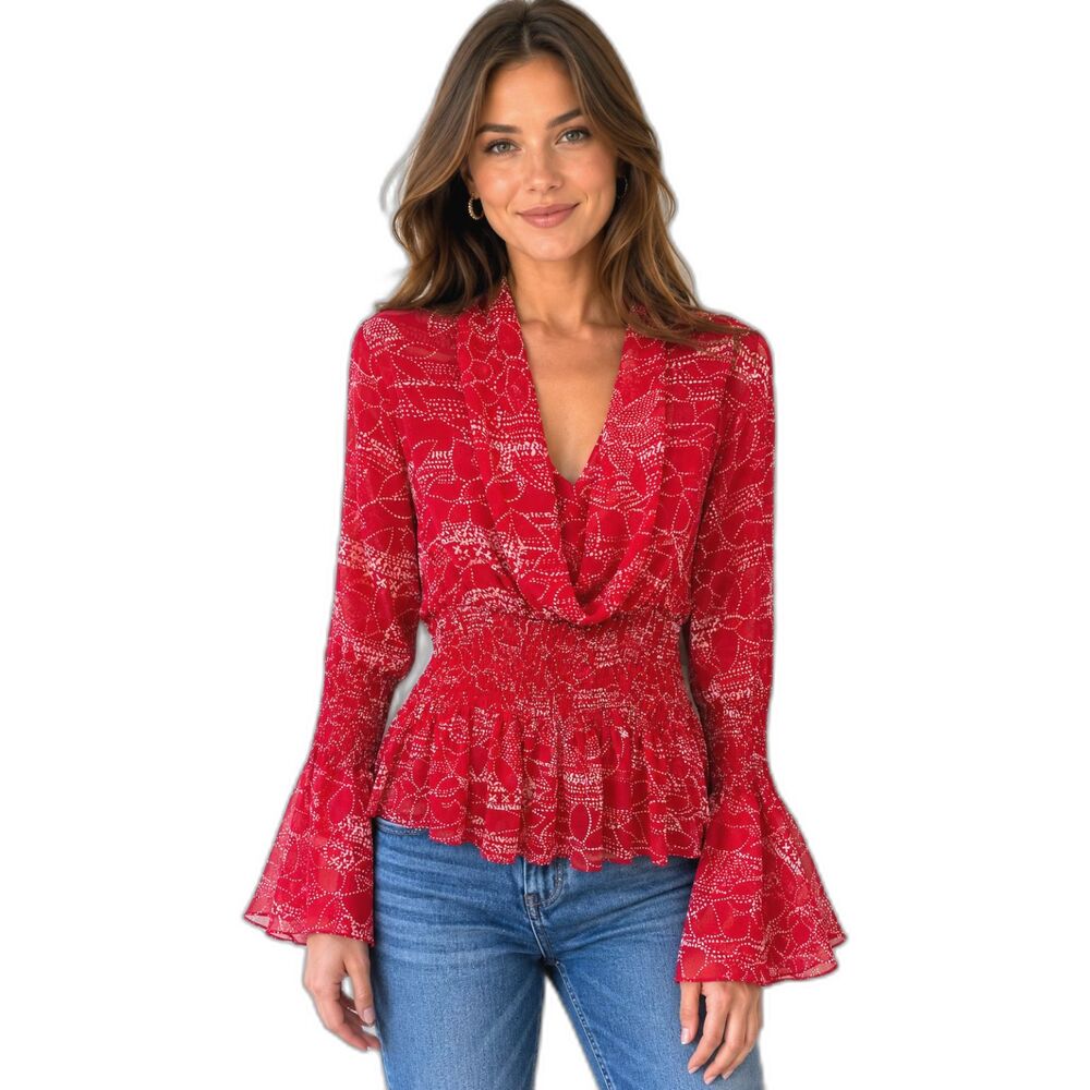 Bisou Bisou Red Print Blouse – Smocked Waist Bell Sleeves Peplum Hem Size 8